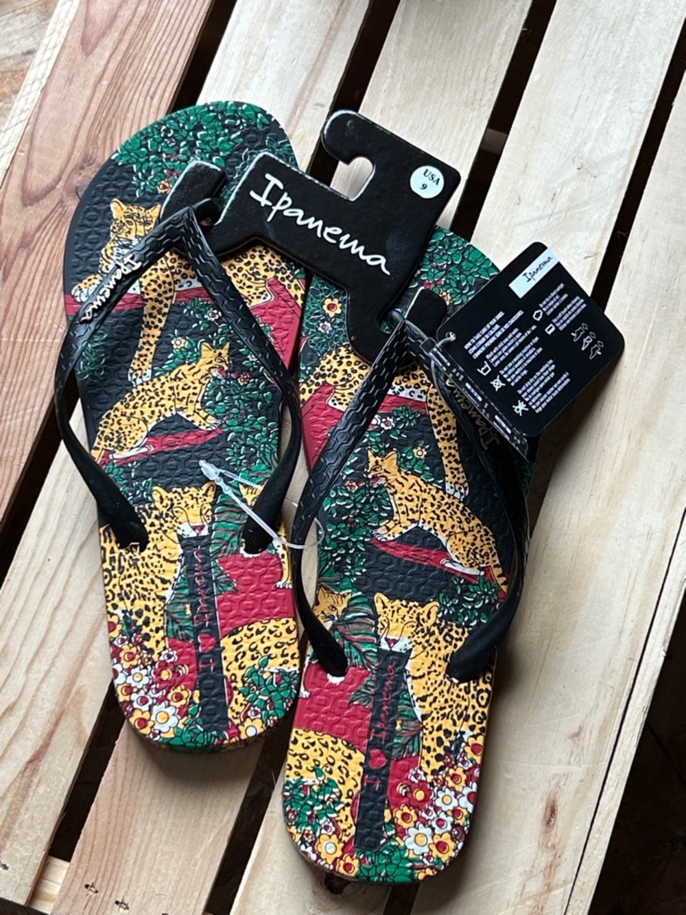 Ipanema Black Strap Flip Flops with Tropical Leopard Print